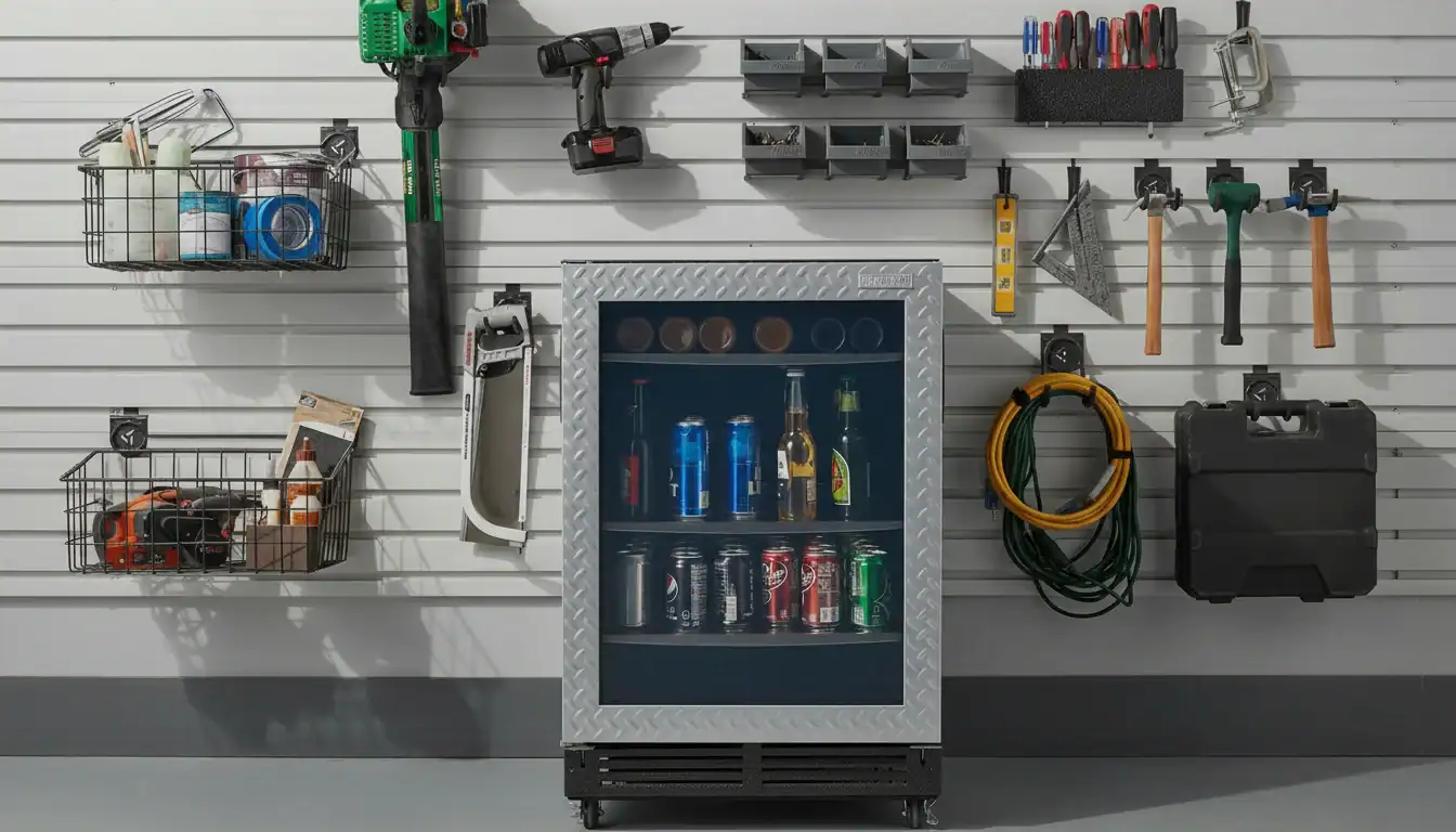 Ferramentas de garagem montadas na parede, bem organizadas com um frigobar para bebidas. Inclui furadeira, serra e martelos.