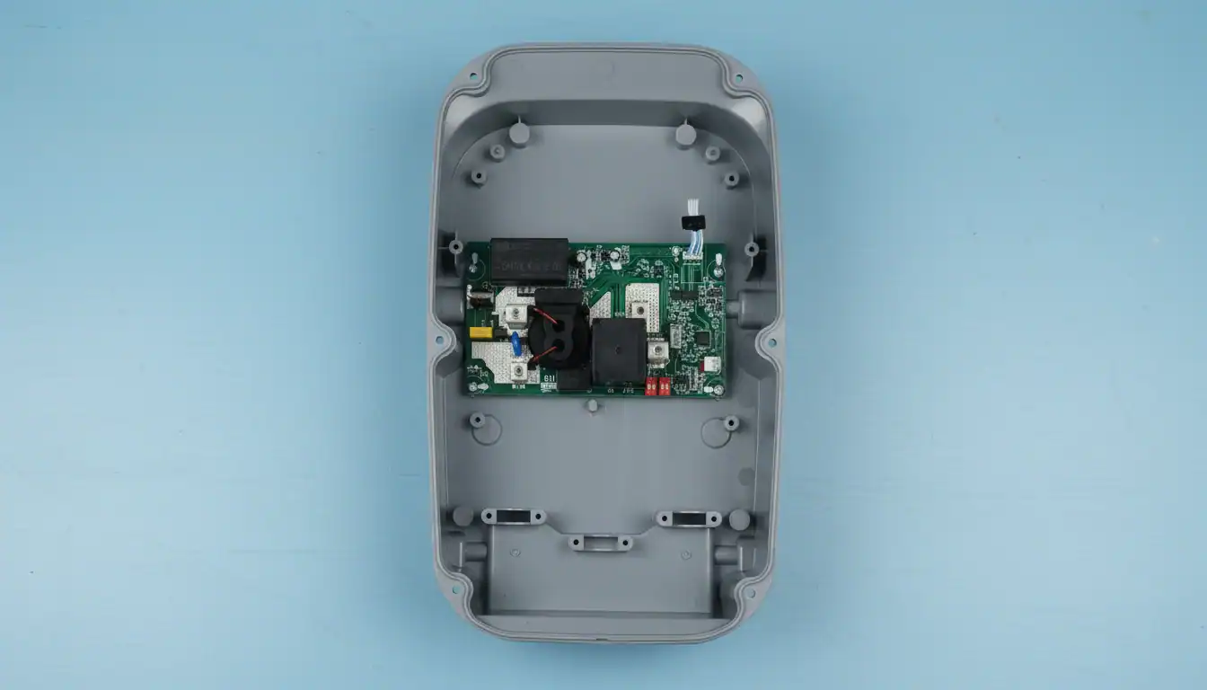 Elektronisches Kfz-Zubehörgerät mit Leiterplatte in einem Kunststoffgehäuse.