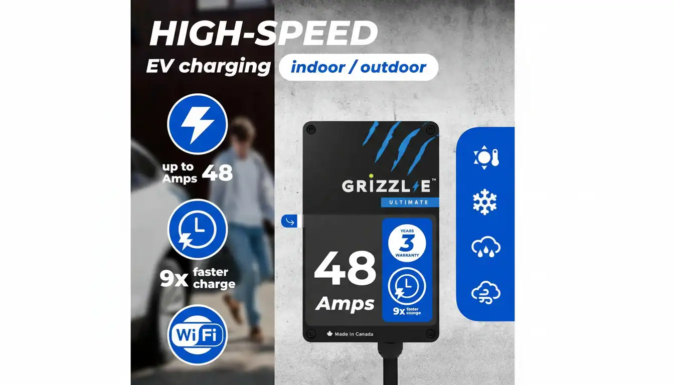 شاحن Grizzl-E Ultimate EV بسعة 48 أمبير، مصمم للاستخدام الداخلي والخارجي، ويوفر إمكانية الشحن بسرعة عالية وإمكانية الاتصال بشبكة WiFi.
