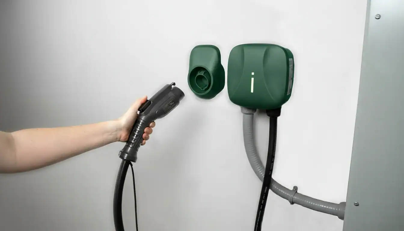 يد تمسك بقابس شاحن سيارة كهربائية بالقرب من وحدة شحن خضراء مثبتة على الحائط، جاهزة للتوصيل.