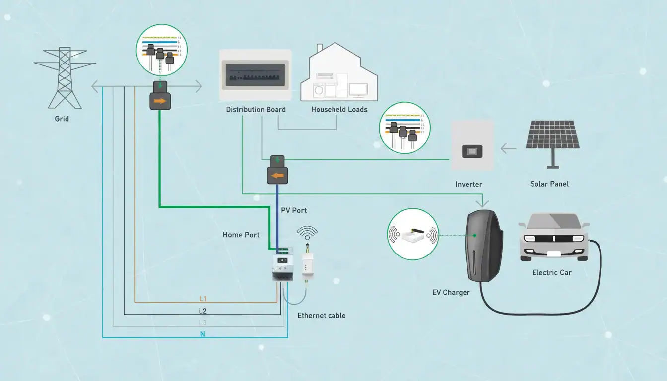 Diagram showing integration of grid, solar panels, and an electric car using a distribution board, inverter, and PV port for efficient energy management.