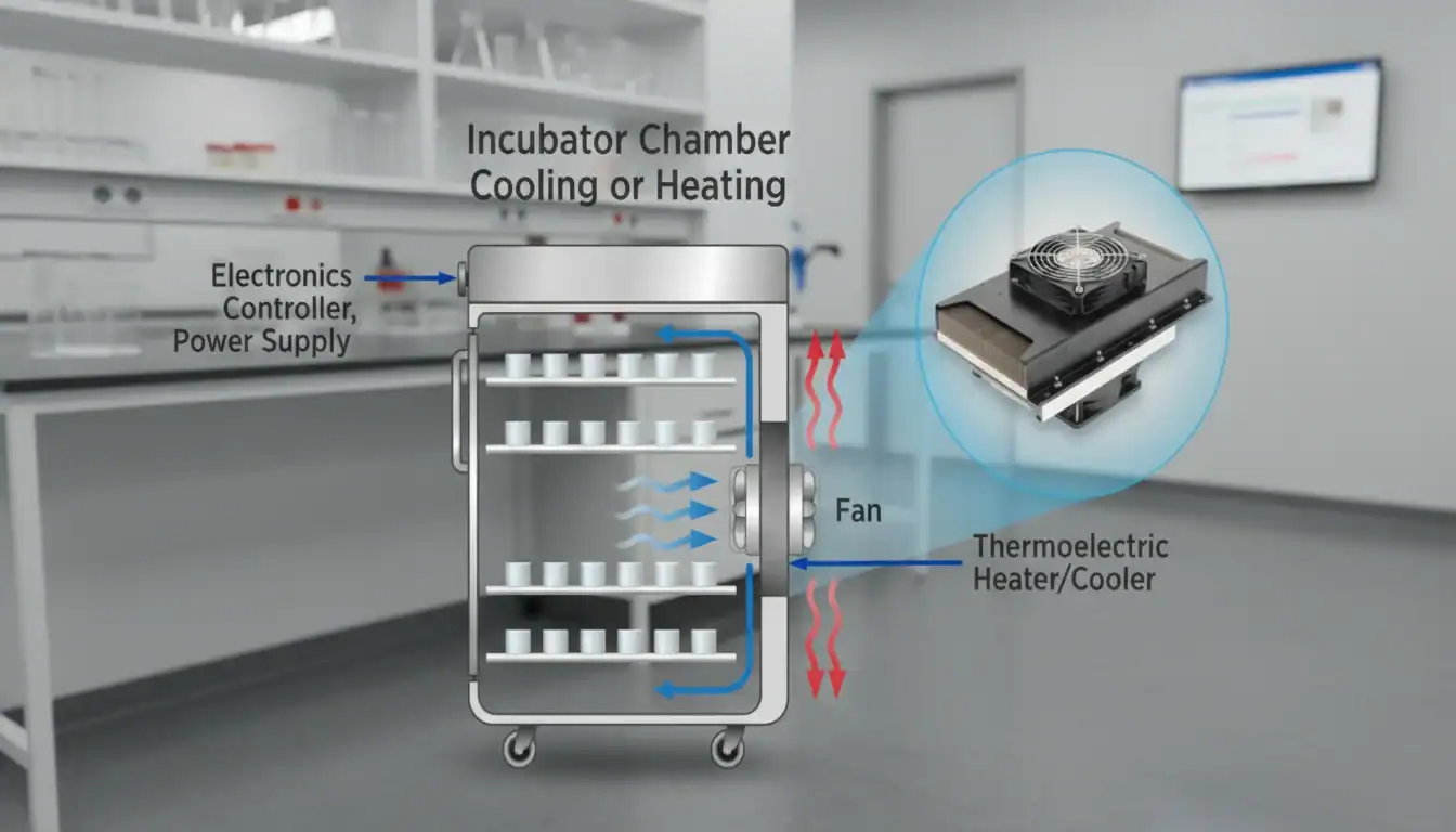 Diagram showing an incubator chamber with thermoelectric heater/cooler and fan, explaining cooling and heating functions in a lab setting.
