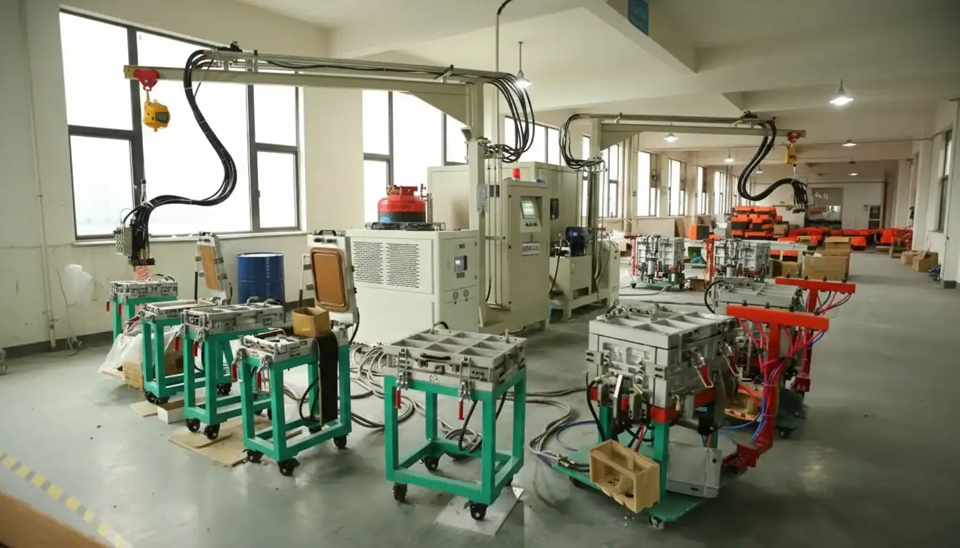 Industrial car accessory manufacturing equipment in a factory setting.