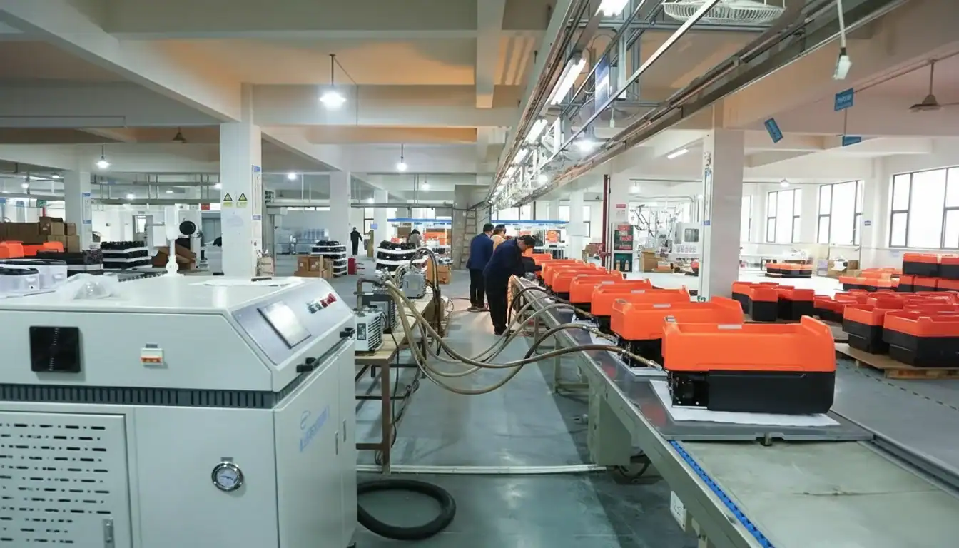 넓은 산업 단지에서 작업자들이 제품을 조립하고 있는 자동차 액세서리 제조 공장.