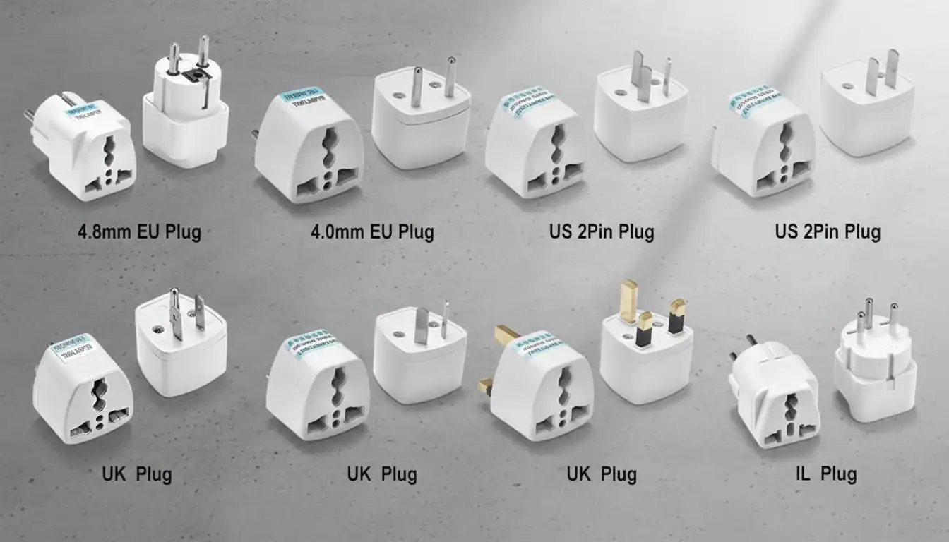 Collection of international plug adapters including EU, US, UK, and IL variants on a grey surface.