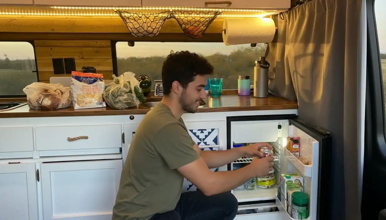 여행이나 야외 모험에 적합한 소형 차량용 냉장고로, 내부에 음식을 정리하는 남성이 등장합니다.