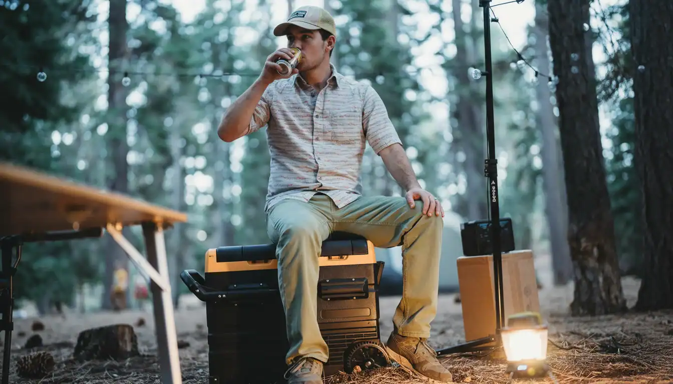 숲속에서 자동차 액세서리와 함께 야외에서 음료를 즐기는 남자.