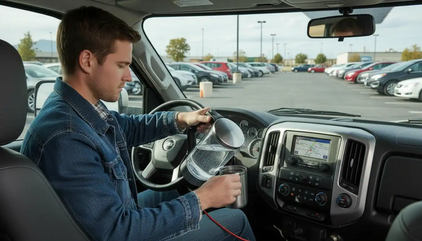Portable car vacuum cleaner being used inside a vehicle for cleaning.