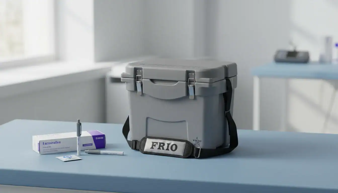 Graue medizinische Kühlbox mit der Aufschrift Frio und Insulinset auf einem blauen Tisch in einem hellen Raum.