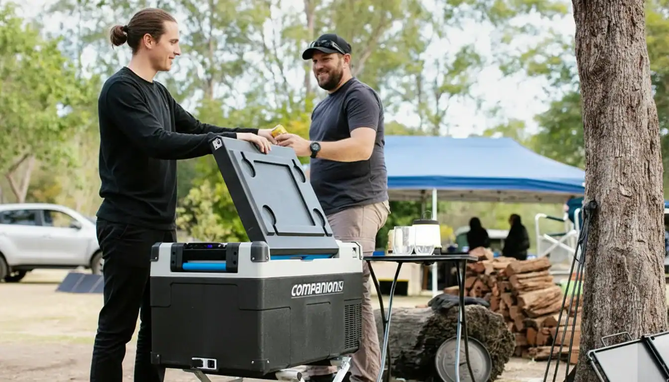 Portable cooler and outdoor camping setup with two people exchanging items in a park.
