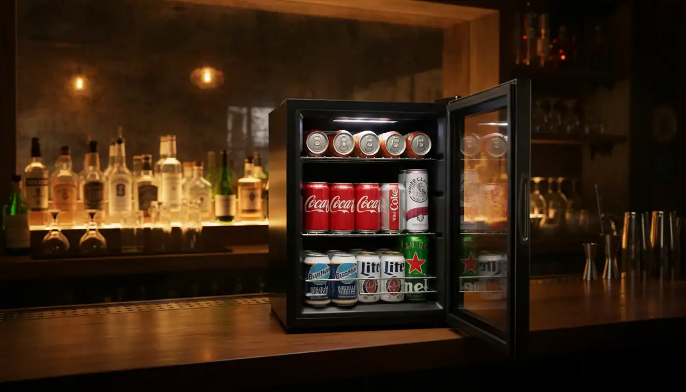 Mini nevera con puerta abierta que muestra varias latas de bebidas, incluidos refrescos y cervezas, sobre un fondo de bar poco iluminado con botellas de licor.