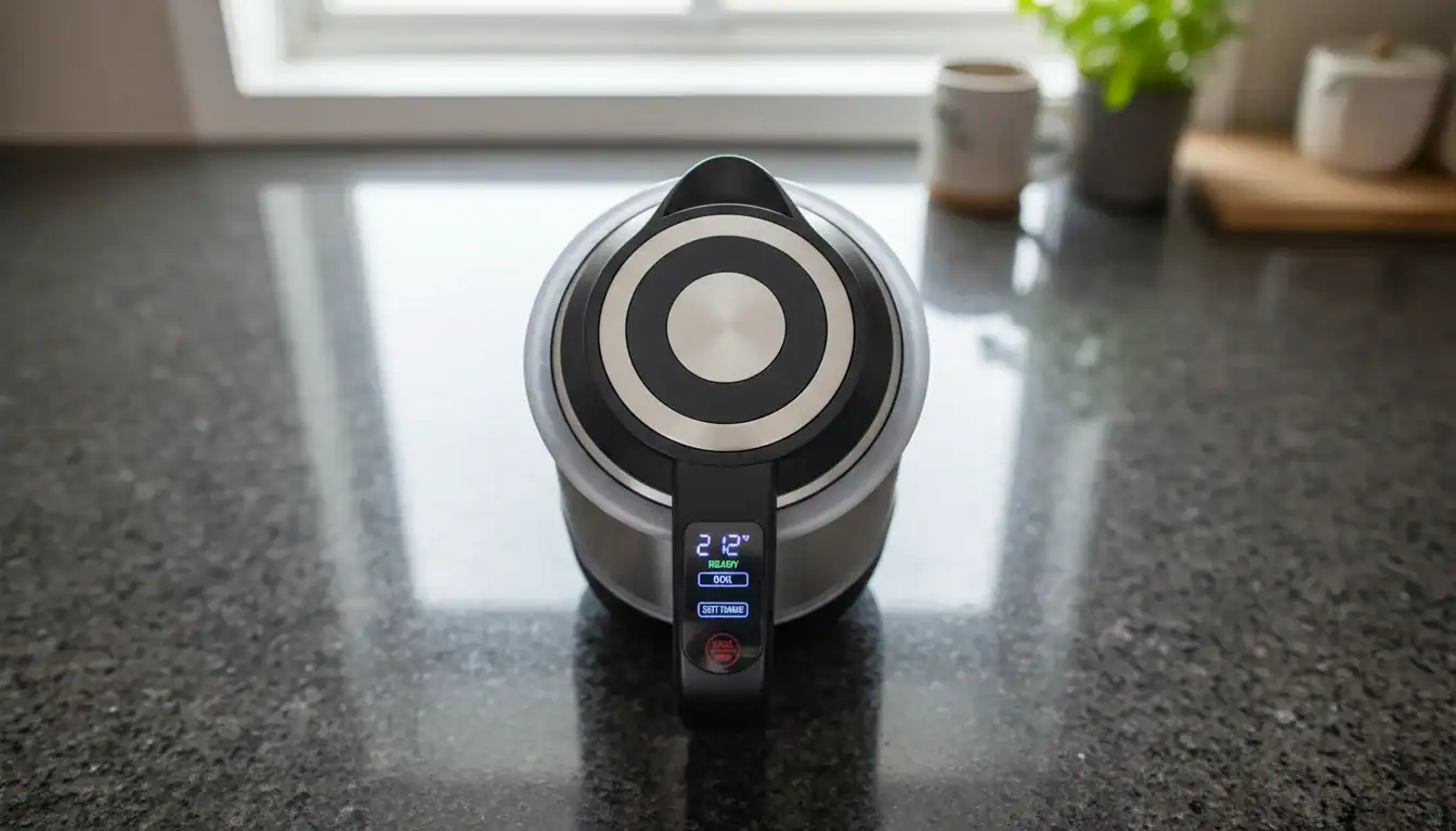 Electric kettle on countertop with digital display showing temperature and controls. Bright kitchen setting with mugs and plant.