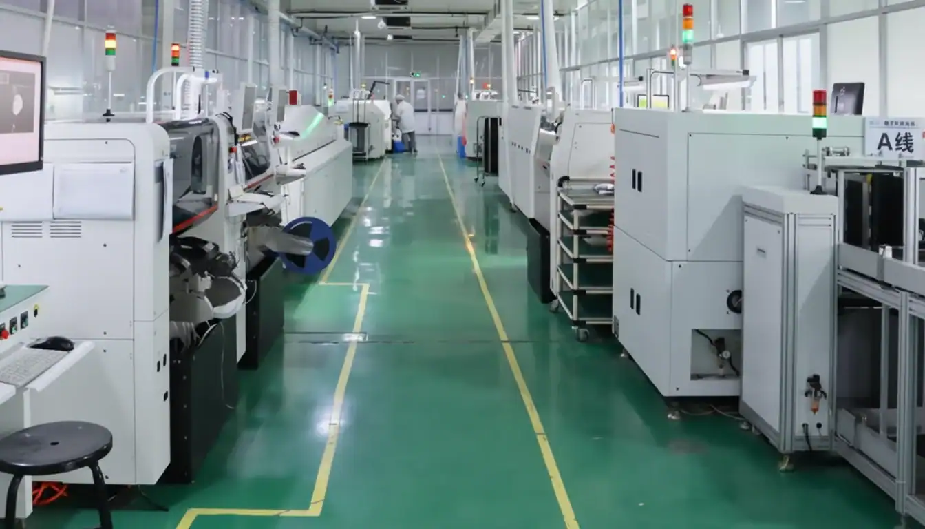 Automotive electronics manufacturing factory with advanced machinery and assembly lines.