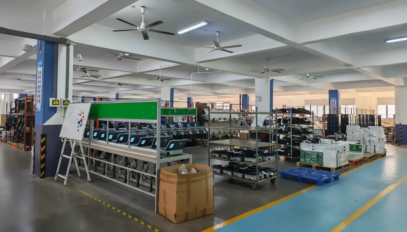 Car accessories display in a warehouse or retail store, with shelves of various products and equipme.