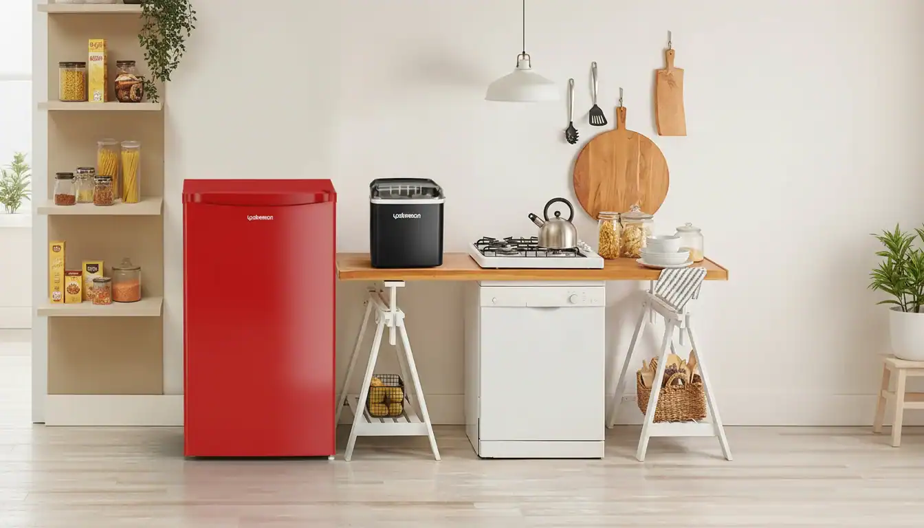 Roter Autokühlschrank in moderner Küche mit Geräten und Holzdekor.