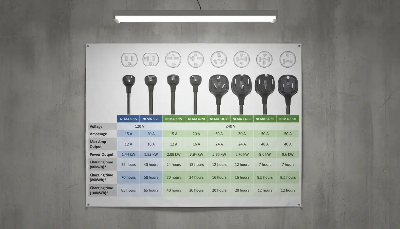 مخطط مقارنة بين مختلف أنواع مقابس NEMA ومواصفاتها المعروضة على الحائط، مع عرض الجهد والأمبيرية وأوقات الشحن.
