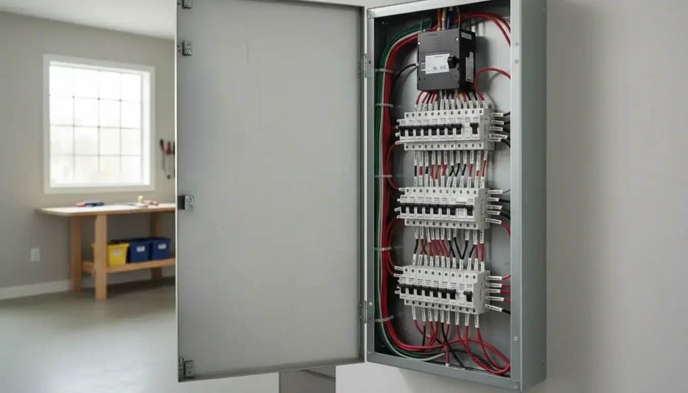 작업대와 보관함이 있는 방에 배선이 노출된 개방형 전기 패널이 있습니다.