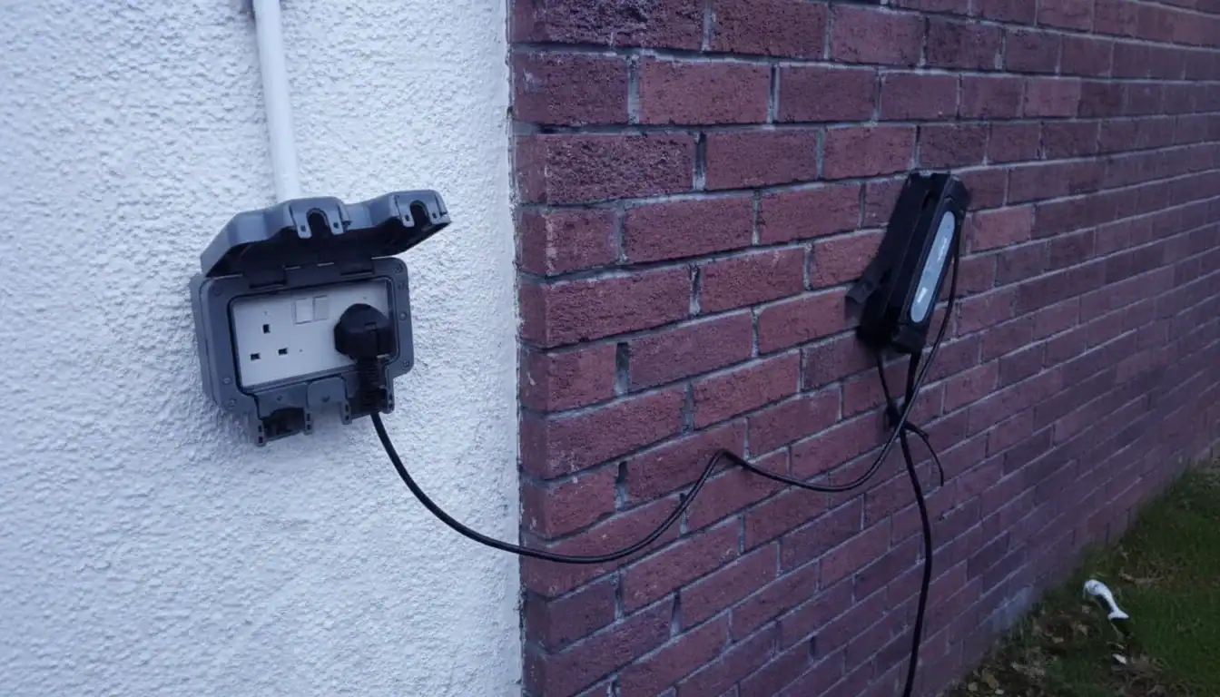 مقبس طاقة خارجي مزود بقابس متصل بشاحن سيارة كهربائية على حائط من الطوب.