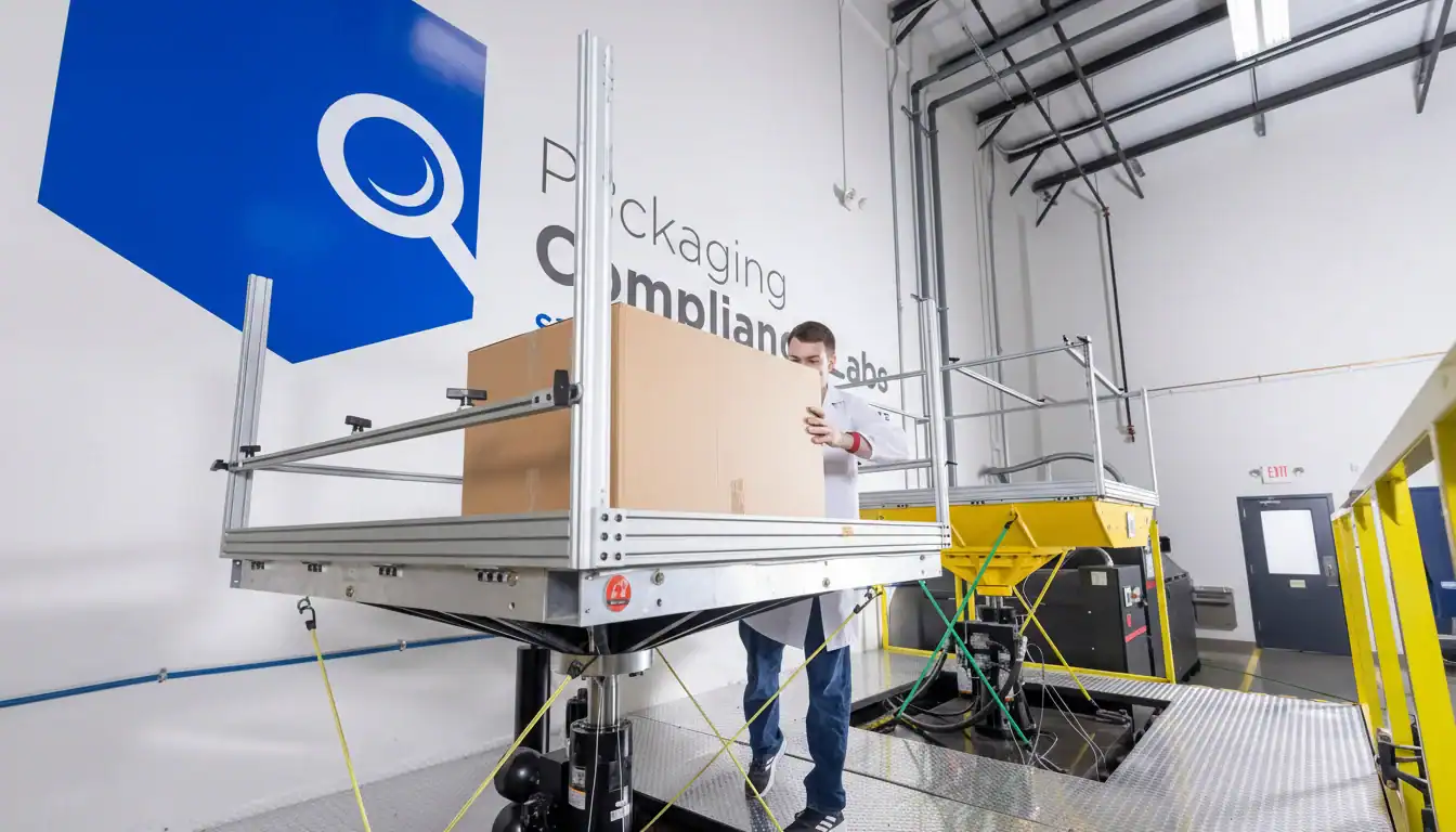 Une personne en blouse manipule un grand carton sur un équipement d'essai industriel à l'intérieur d'un laboratoire de conformité des emballages.