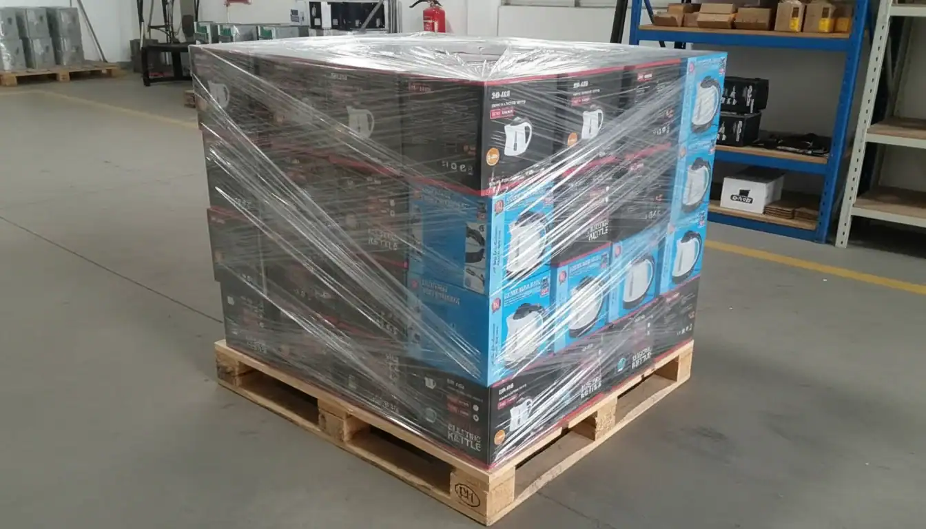 Car accessories on pallet, ready for shipping or storage.
