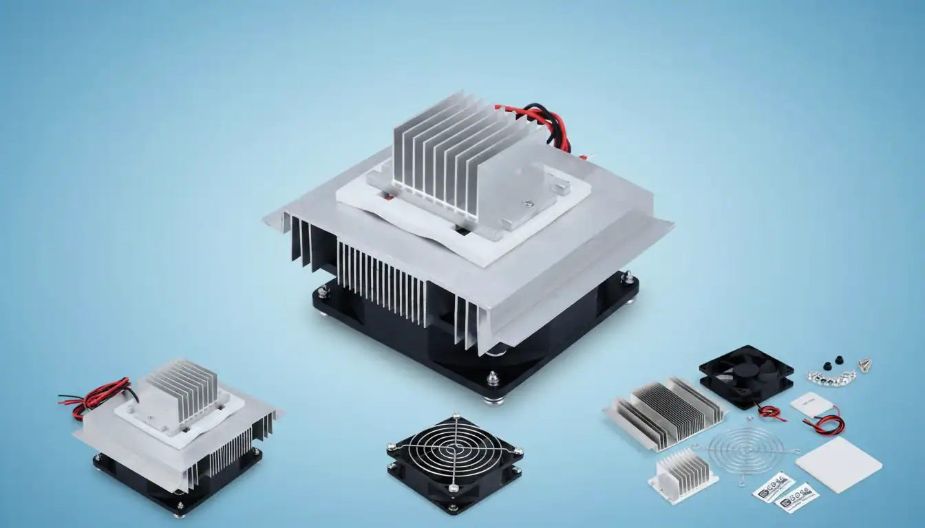 Peltier cooling kit showing heatsinks, fan, and accessories on a blue backdrop.