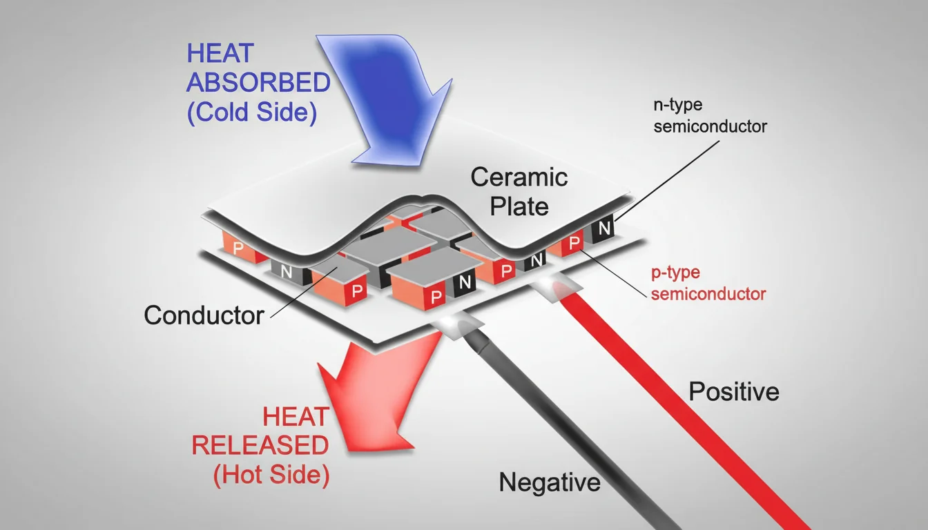 Diagram of the Peltier effect showing heat absorption on the cold side and heat release on the hot side using p-type and n-type semiconductors.