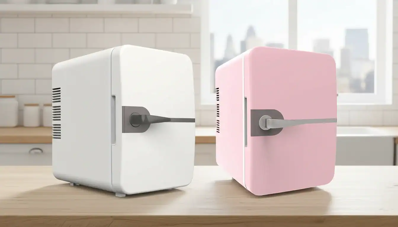 Two compact mini fridges, one pink and one white, on a wooden kitchen countertop, with a modern kitchen interior background.