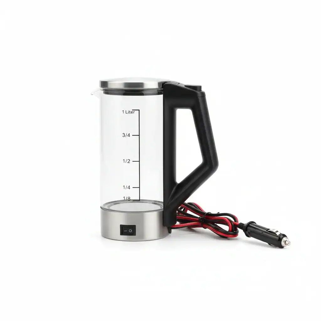 Car accessory electric kettle with handle and power cord for vehicle use.