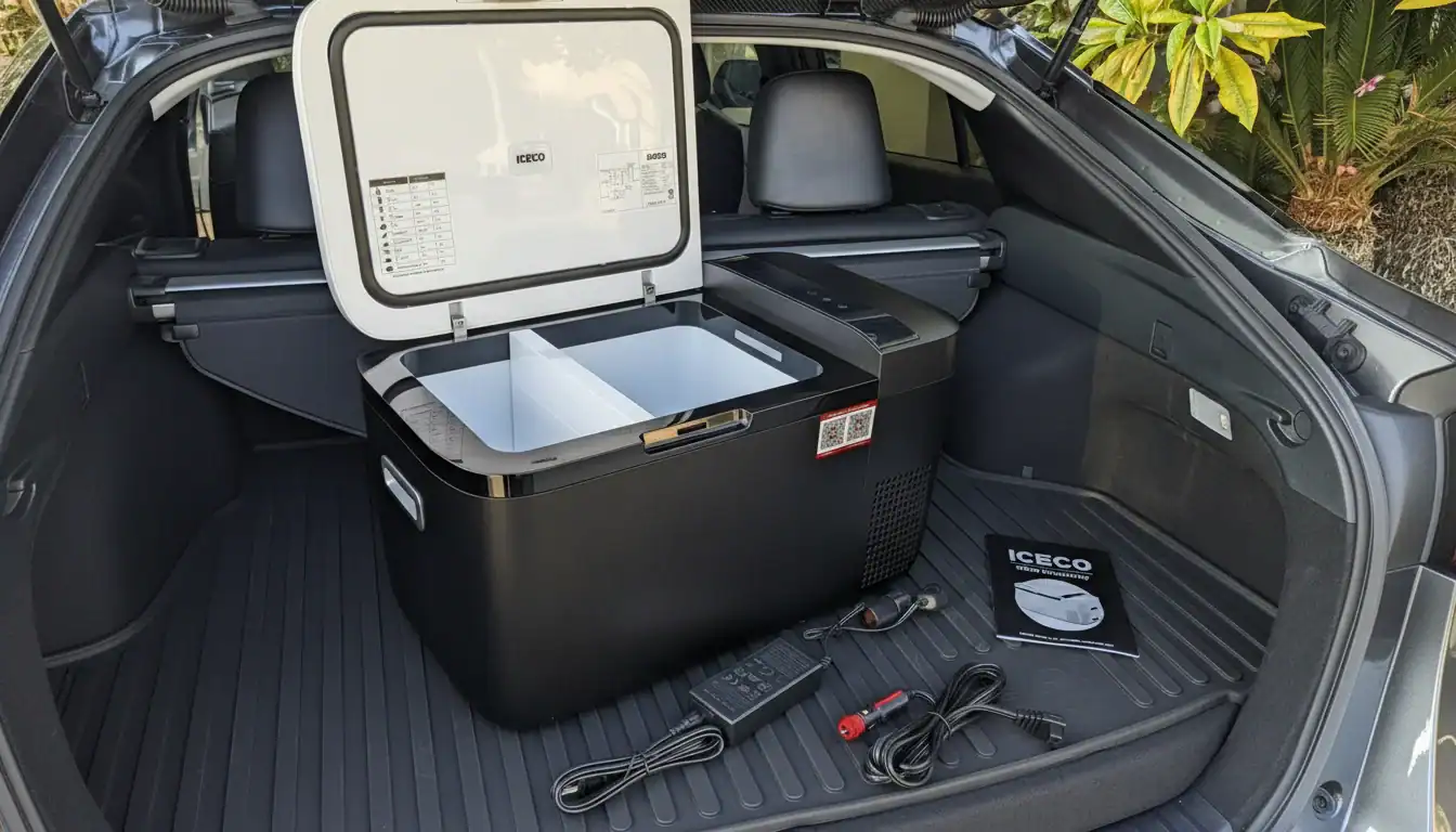 A portable car freezer with an open lid sits in the trunk of a car, accompanied by power cables and a user manual.