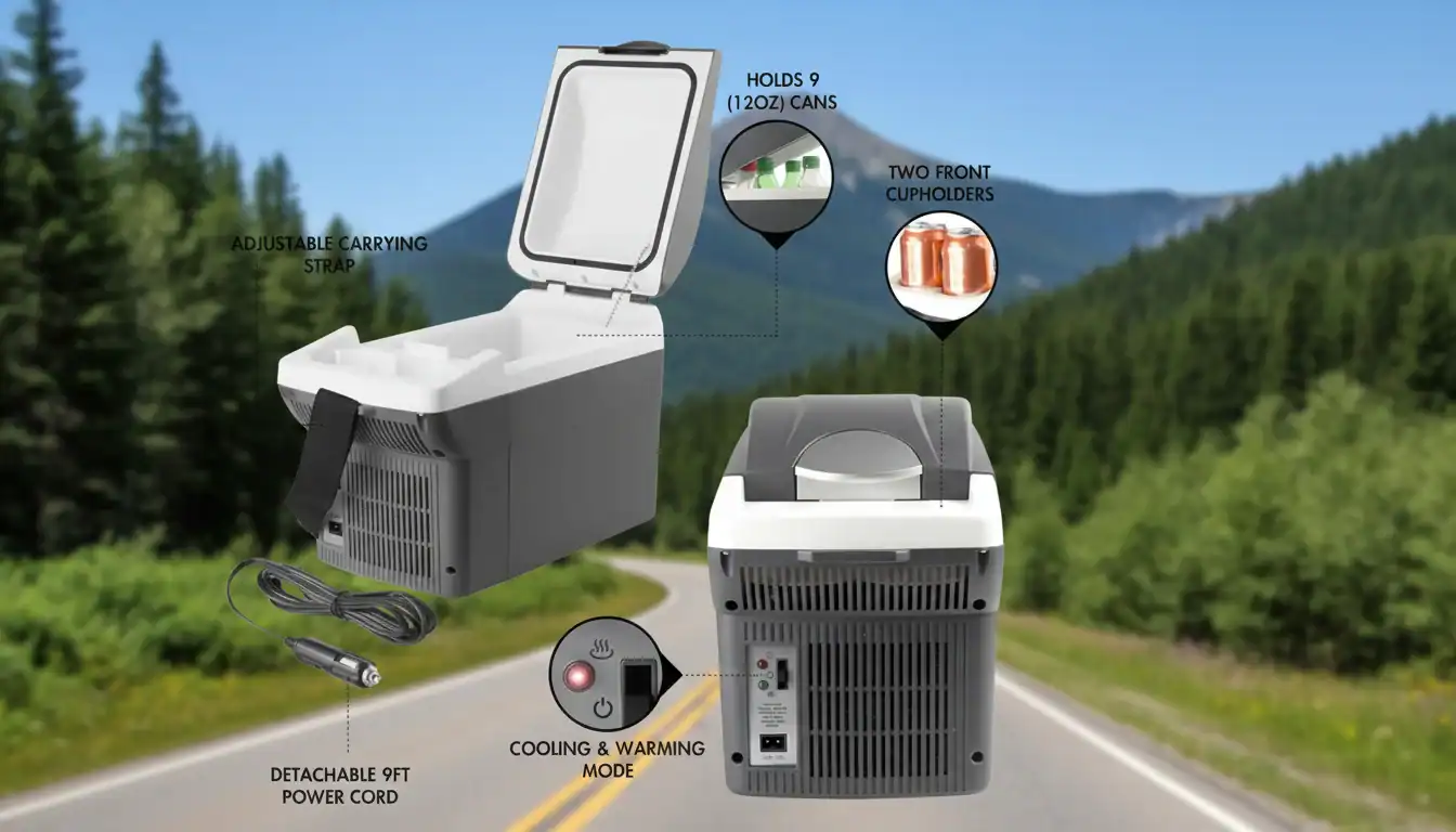Portable car cooler with adjustable carrying strap and dual cupholders, ideal for outdoor travel.