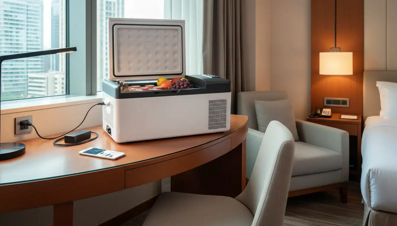 호텔 객실 책상 위에 휴대용 쿨러가 열려 있고 음료와 과일이 가득합니다. 근처에는 의자와 침대, 창문 너머로 보이는 도시 풍경이 있습니다.