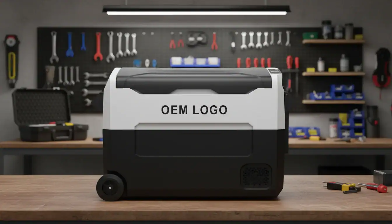 Refrigerador de carro portátil e caixa de armazenamento com logotipo OEM, colocado em uma bancada de trabalho em uma garagem.