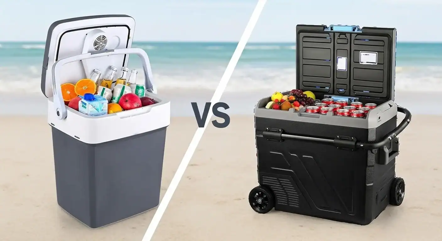 Tragbare Auto-Kühlbox und Mini-Kühlschrank für Getränke und Snacks, ideal für Reisen und Outdoor-Aktivitäten.