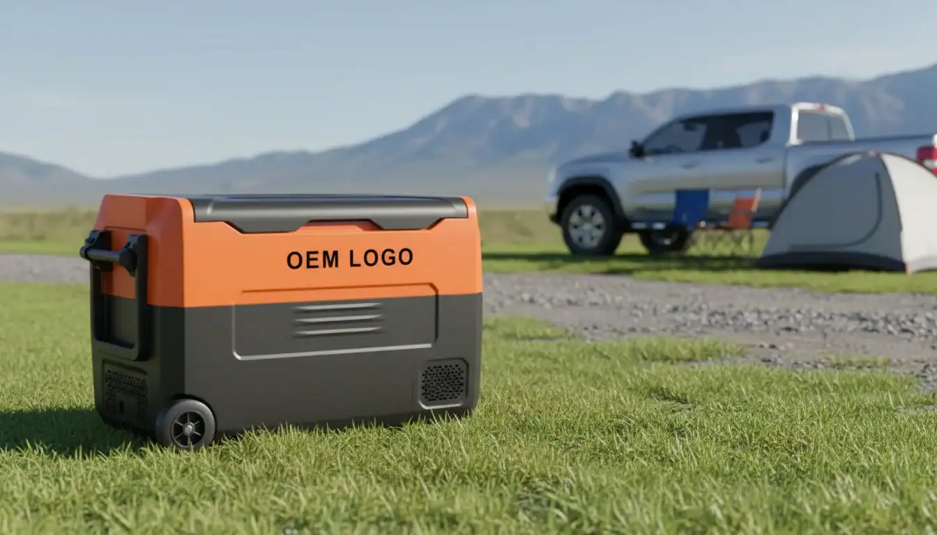 Портативный автохолодильник с логотипом OEM для кемпинга на природе и автопутешествий, идеально подходит для хранения напитков.