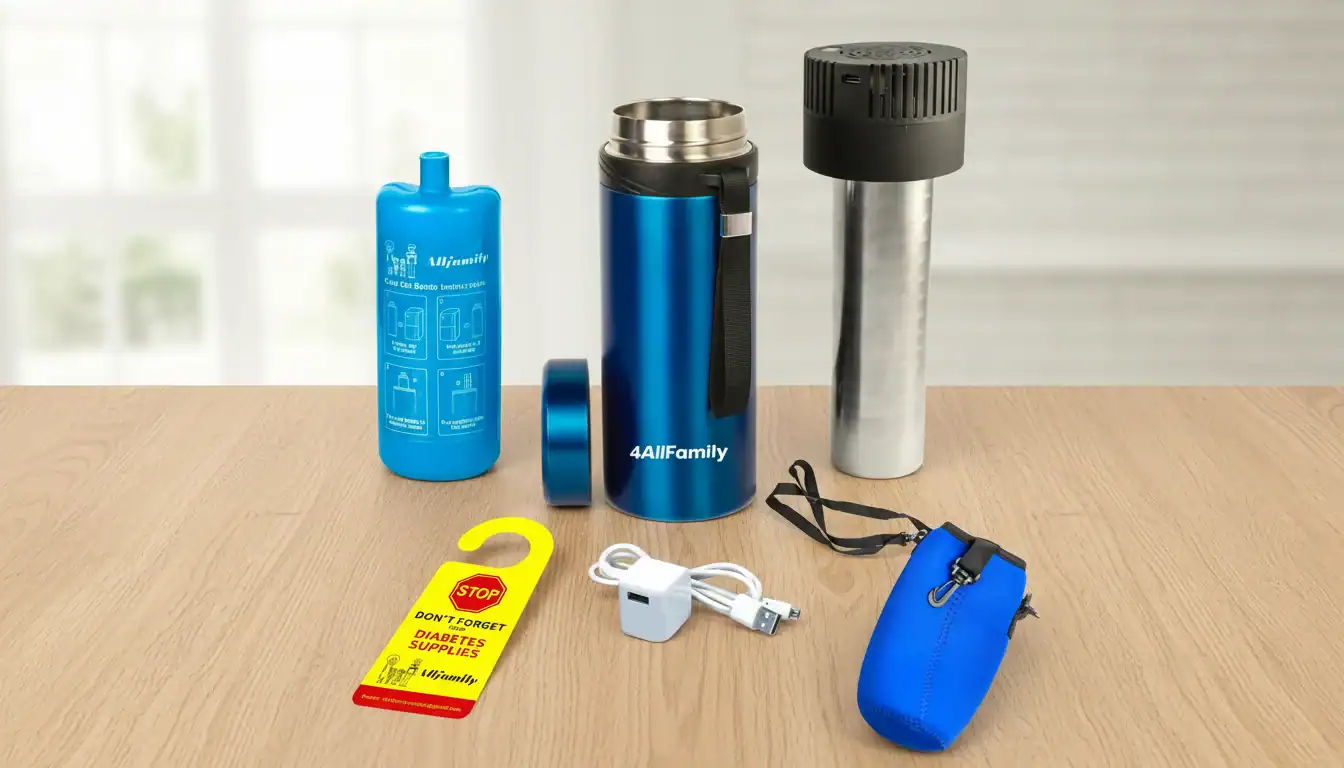 Tragbares Insulin-Kühlset mit blauem Isolierbehälter, silberner Kühleinheit, Ladekabel und Tischhalterung.