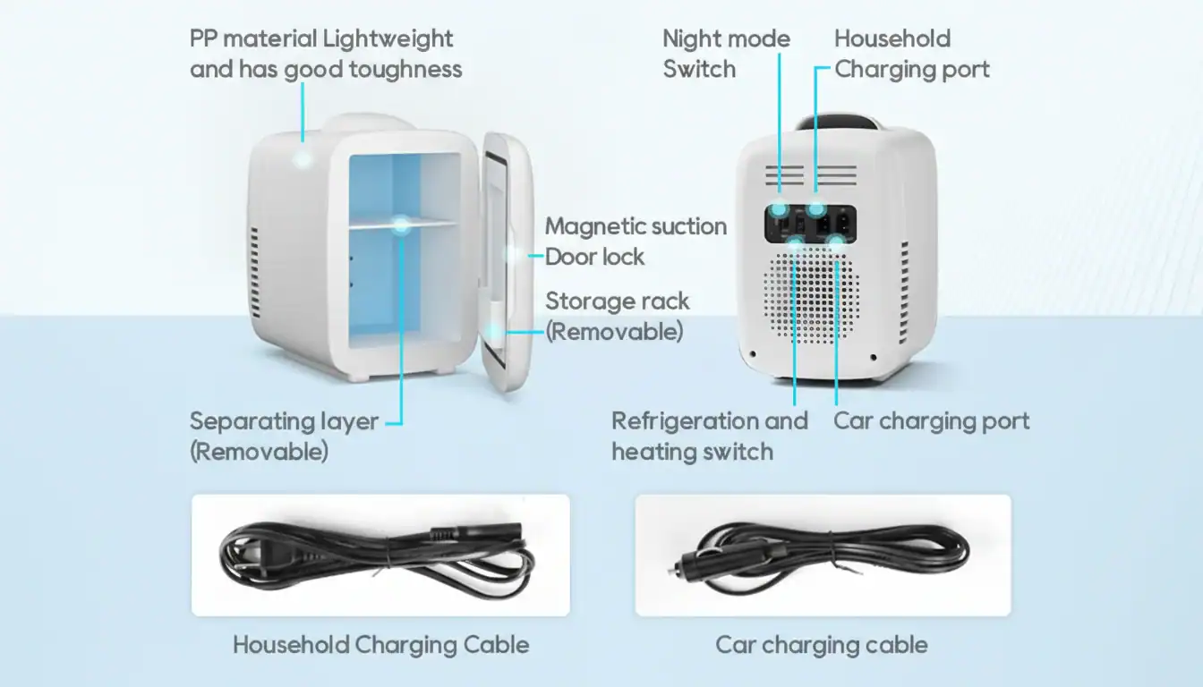 Portable car refrigerator with removable storage, night mode, and household charging port.