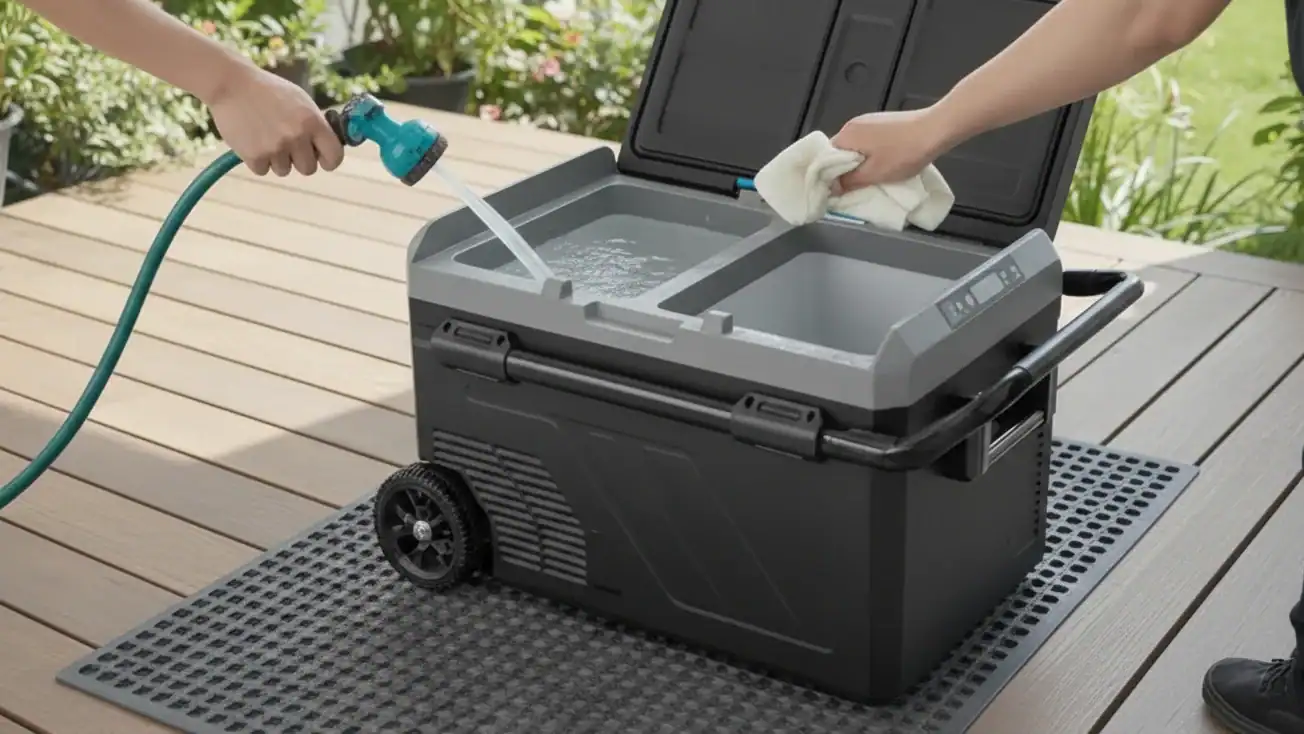 Hands using a portable dual-compartment outdoor sink; one hand fills it with a hose, the other cleans with a cloth.