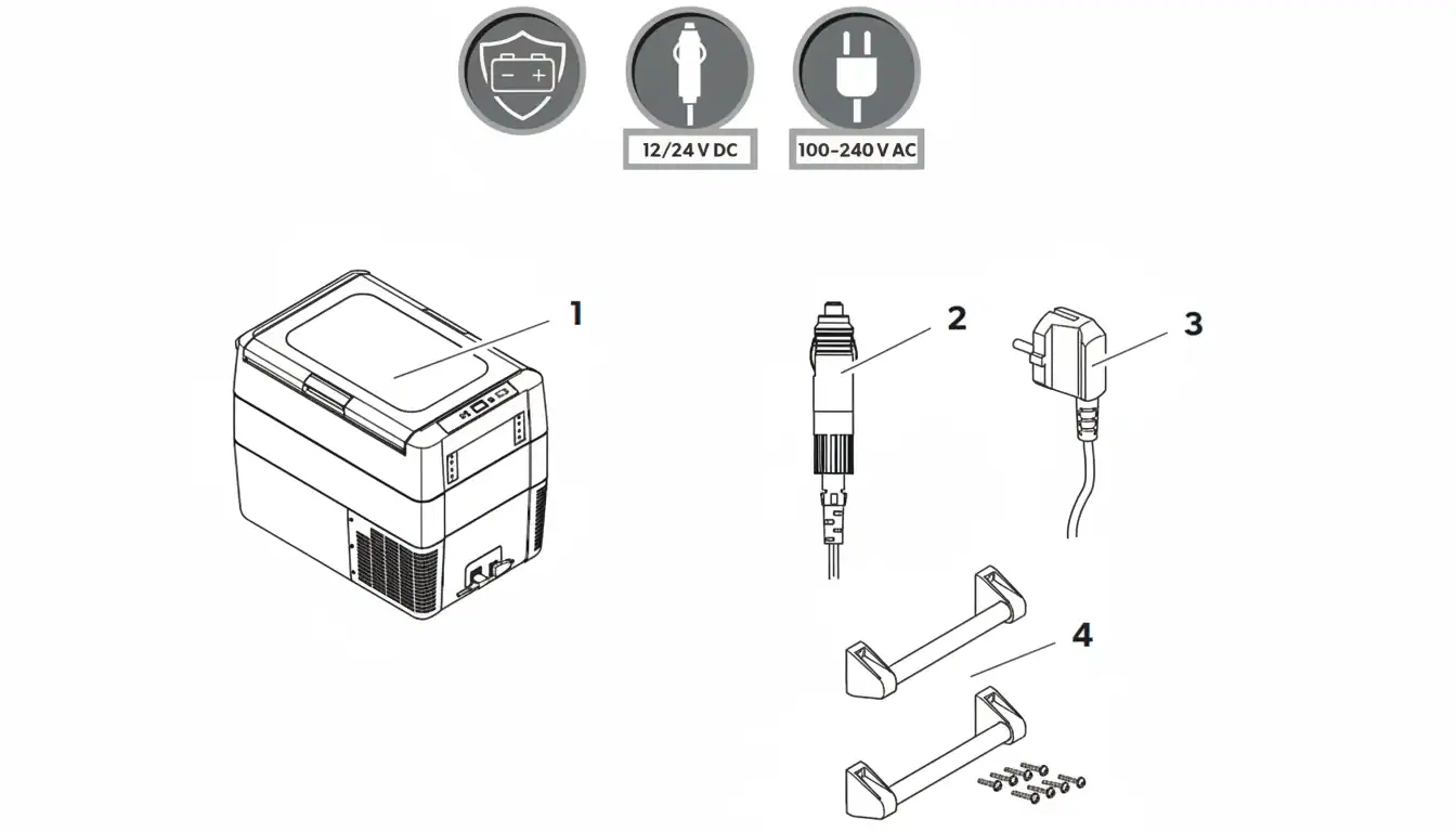 12/24V DC 어댑터, AC 전원 플러그, 손잡이 브래킷, 나사 등의 액세서리가 포함된 휴대용 냉장고를 보여주는 다이어그램입니다.