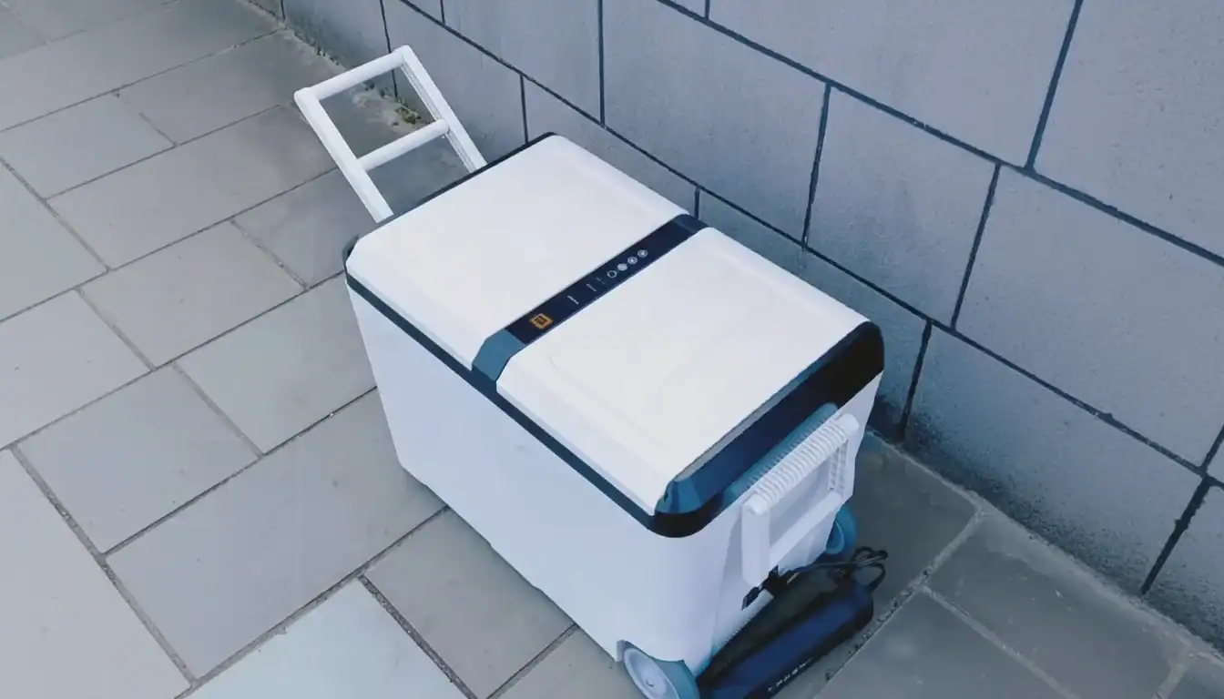 Nevera portátil para coche con control digital y diseño compacto para uso en vehículos.