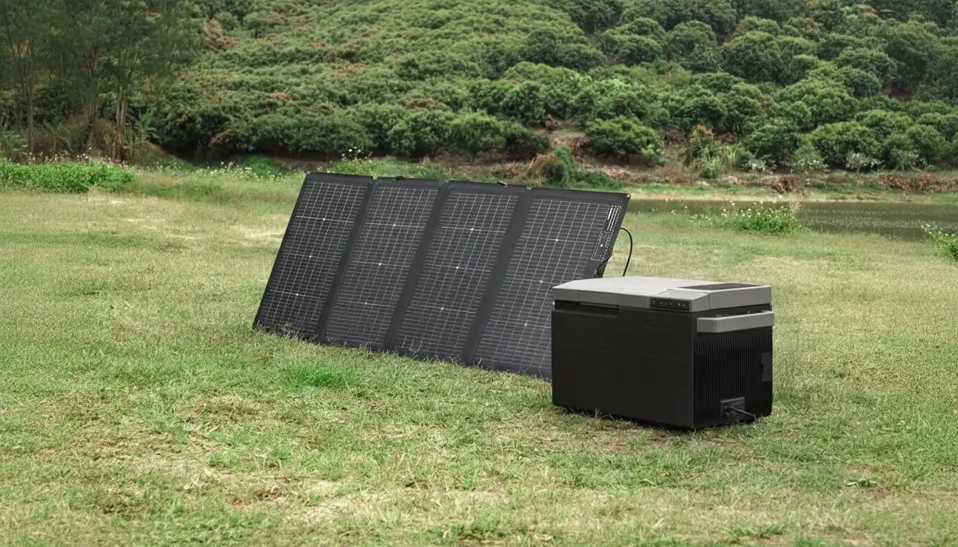 Four portable solar panels positioned in a grassy field, connected to a black cooler, with trees in the background.