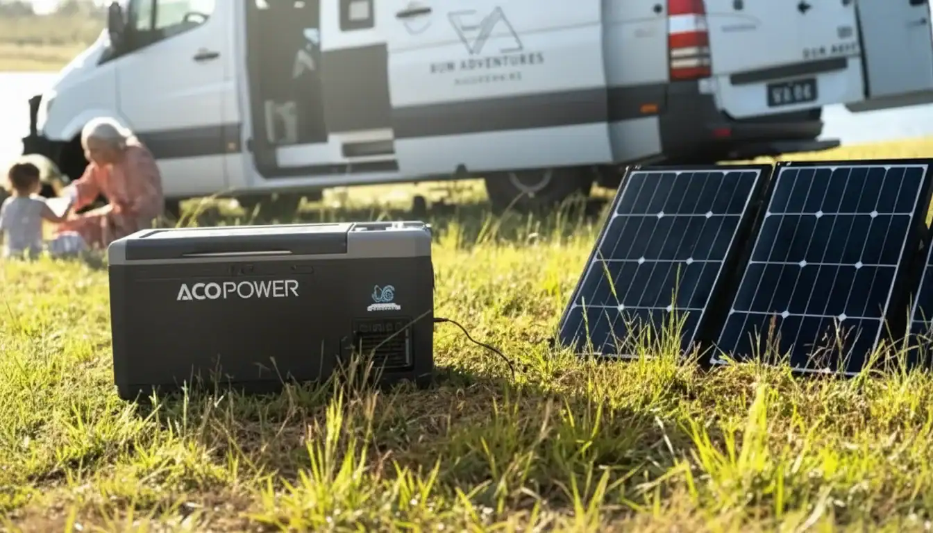 Portable solar power setup with ACOPOWER fridge and solar panels on grass beside a camper van. People in the background.