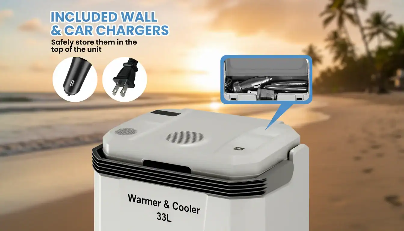 Portable car cooler and warmer with included wall and car chargers for outdoor use.