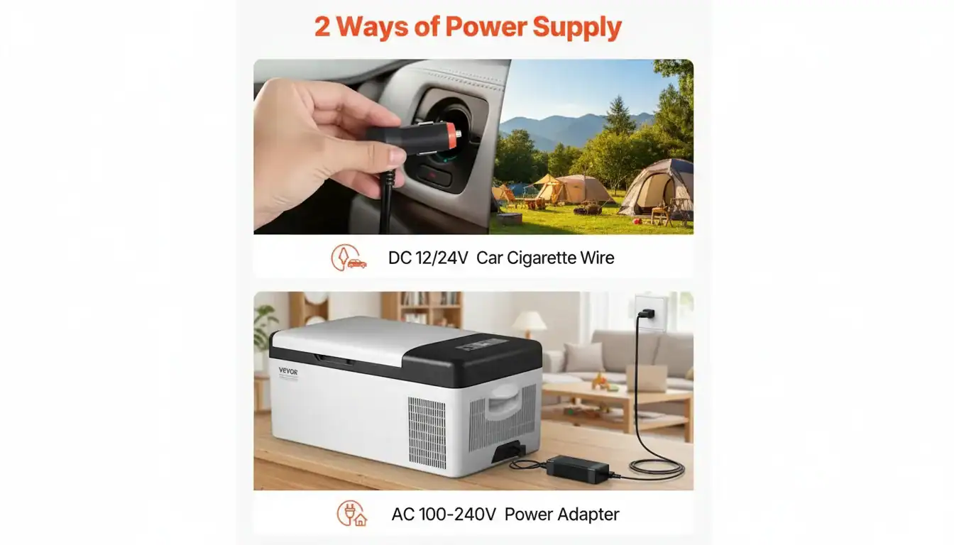 캠핑용 냉장고의 두 가지 전원 공급 방법, 즉 DC 자동차 시거잭과 AC 전원 어댑터를 보여주는 그림입니다.