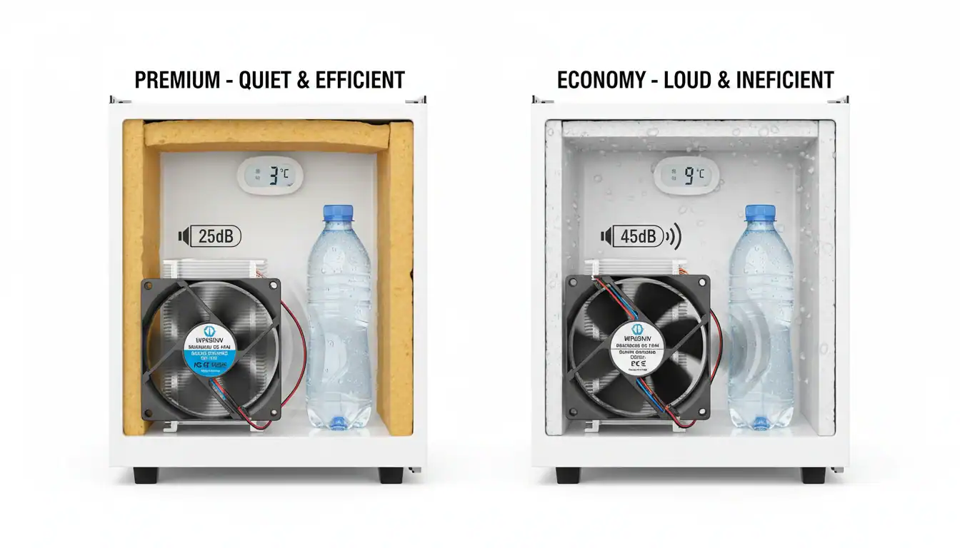 Gegenüberstellung eines Premium-Kühlschranks mit 25 dB Geräuschpegel und 3 °C Temperatur und eines Economy-Kühlschranks mit 45 dB Geräuschpegel und 9 °C Temperatur.
