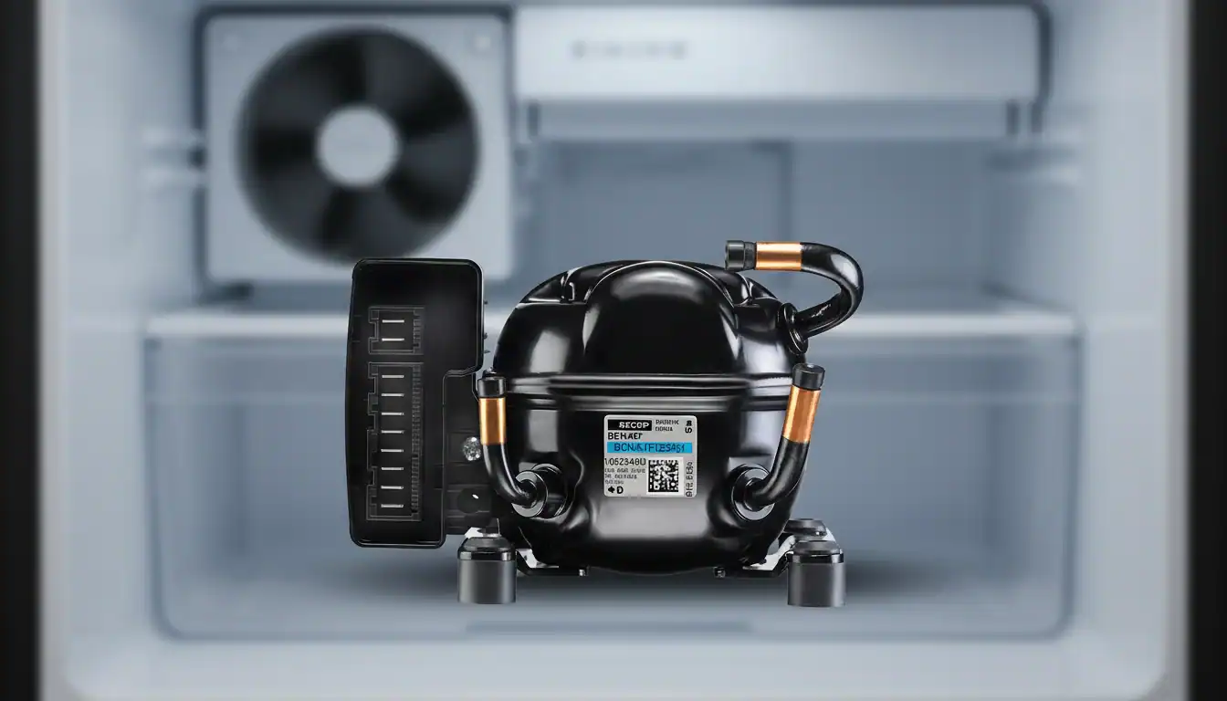 Close-up of a refrigeration compressor unit with copper piping and a fan in the background, set inside a refrigerator.