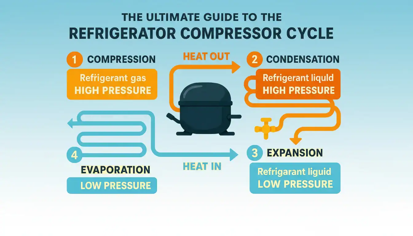 Diagram illustrating the refrigerator compressor cycle with stages of compression, condensation, expansion, and evaporation.