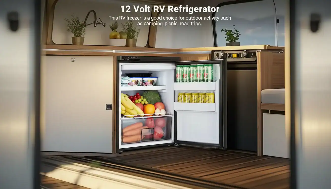 현대적인 RV 주방 공간에서 다양한 음식과 음료를 선보이는 오픈형 RV 냉장고.