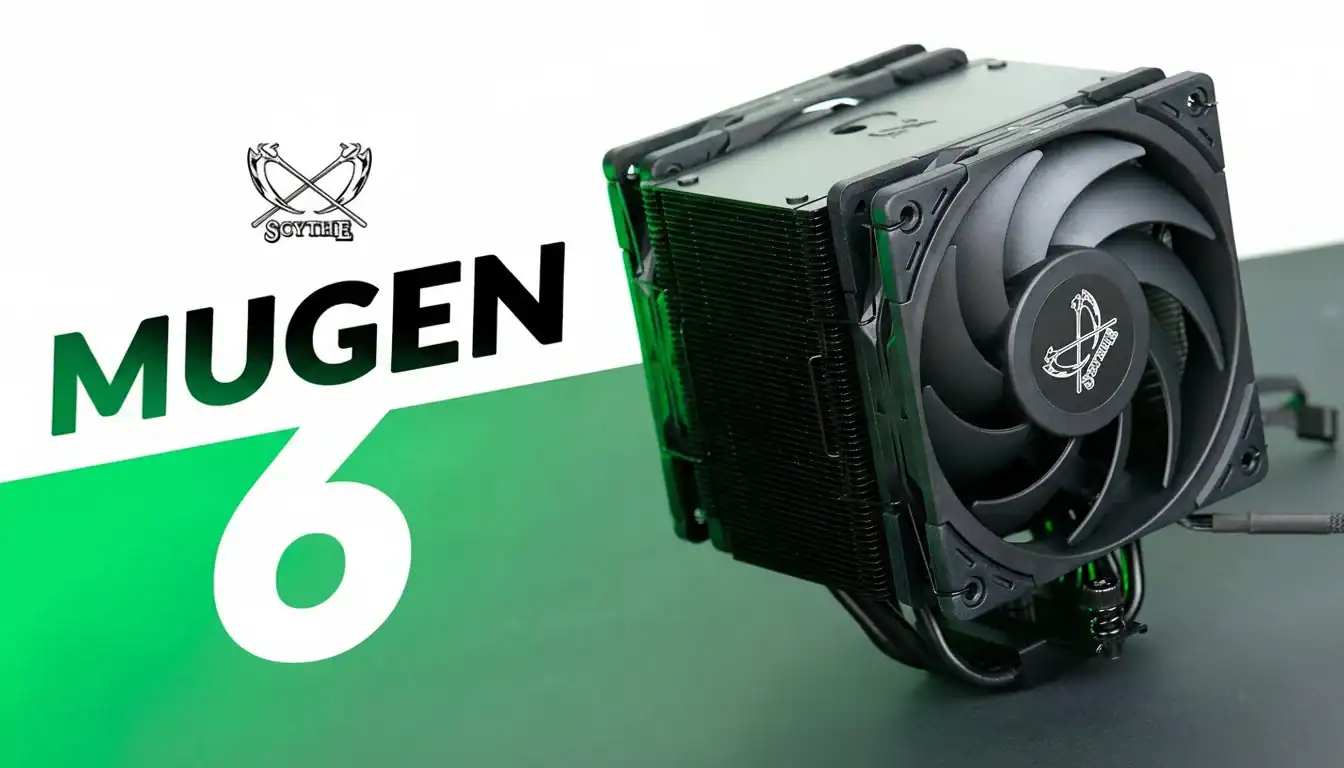 Scythe Mugen 6 CPU cooler featuring a fan and heat sink, positioned on a green and black background with the logo and name visible.