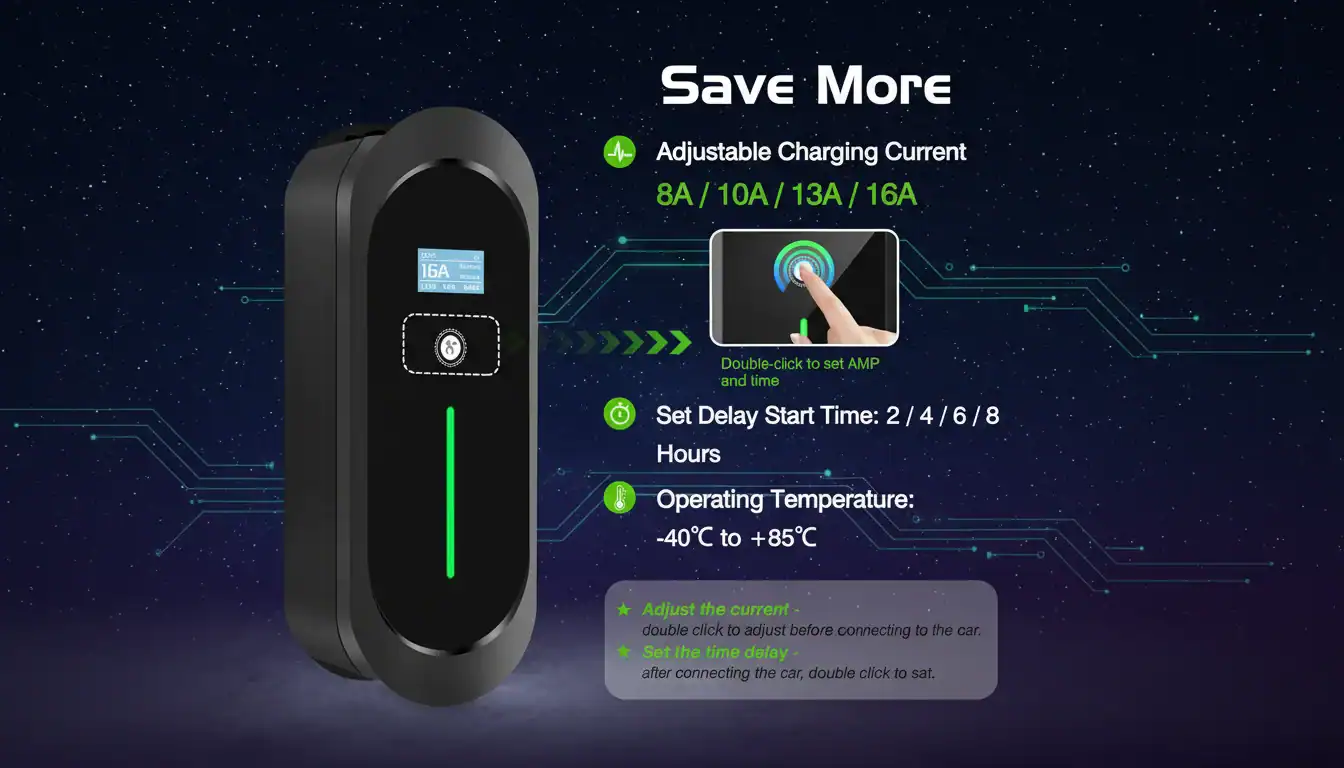 Smart EV charger displaying adjustable charging options with current settings, delay start time, and operating temperature.