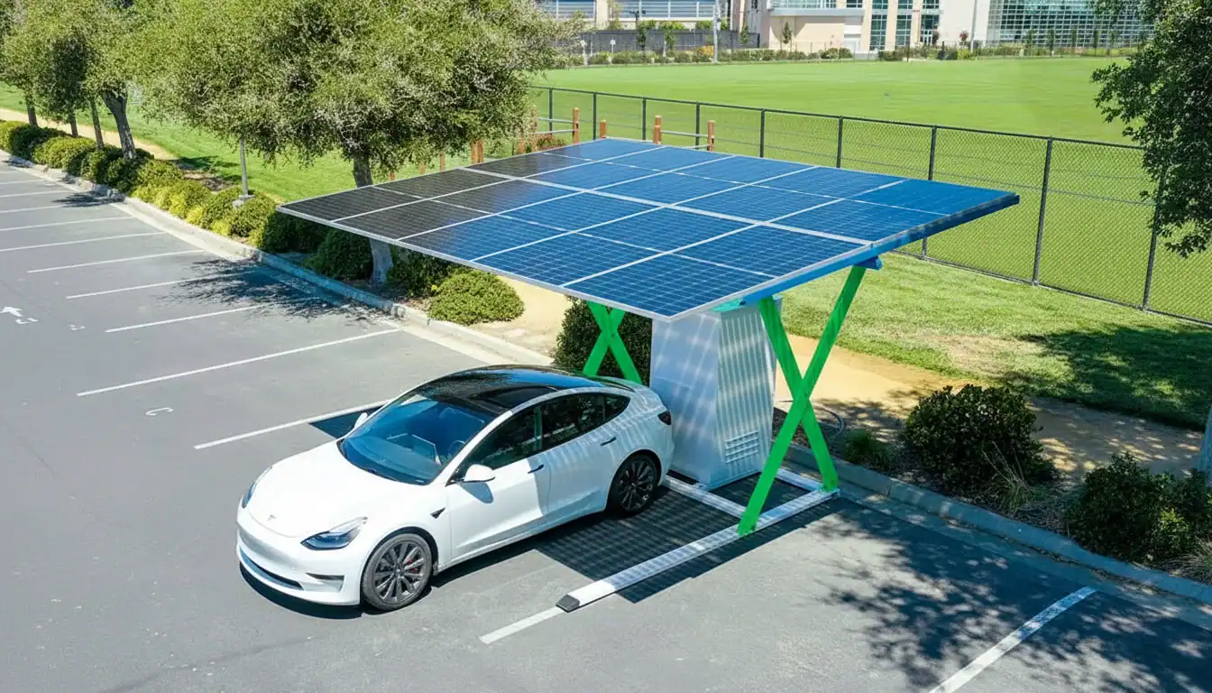 سيارة كهربائية متوقفة تحت محطة شحن تعمل بالطاقة الشمسية في موقف للسيارات، مع ألواح شمسية وبنية تحتية خضراء.